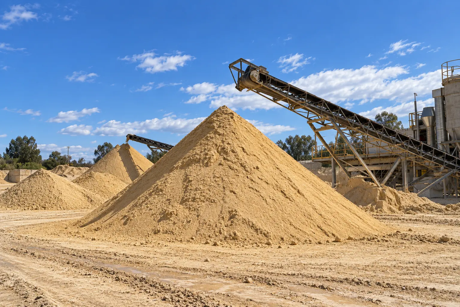 Pilas de arena de construcción en un depósito