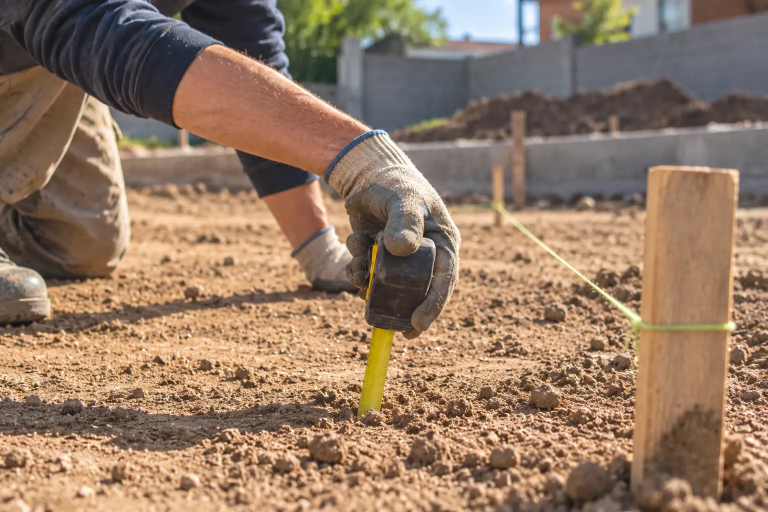 Manos midiendo un terreno con cinta métrica y estacas