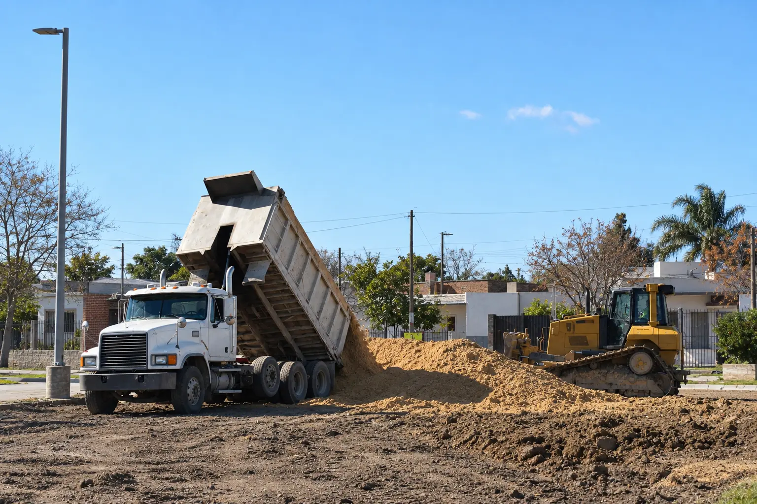 Camión volcador volcando material frente a una casa