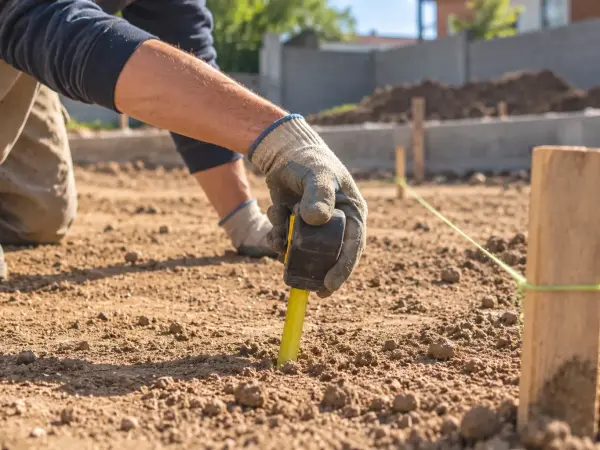 Manos midiendo un terreno con cinta métrica y estacas