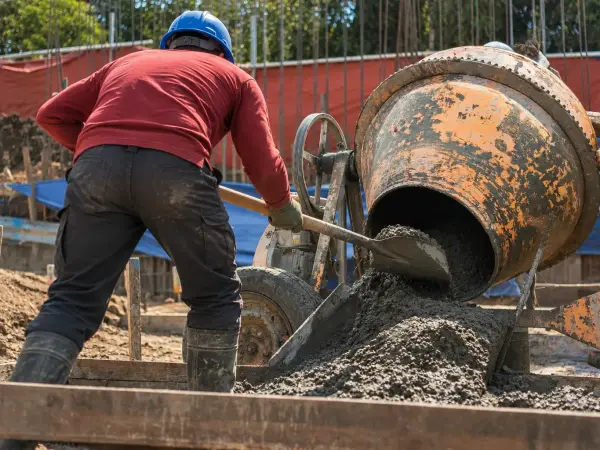 Albañil cargando la hormigonera con pala