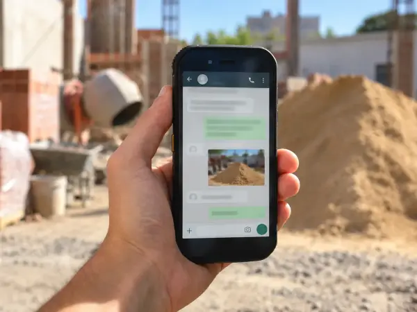 Mano con un celular armando un pedido por WhatsApp en una obra