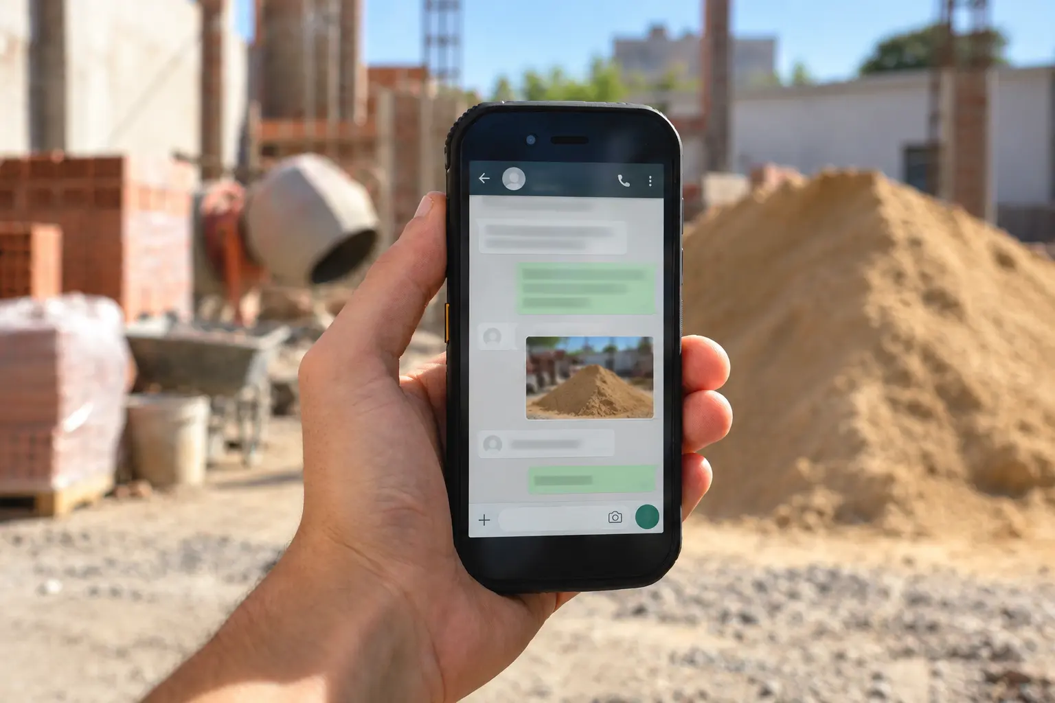 Mano con un celular armando un pedido por WhatsApp en una obra
